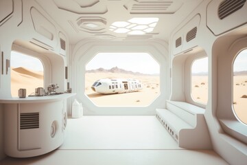 Poster - a futuristic looking room with a train in the background and a desert landscape motel photorealism l