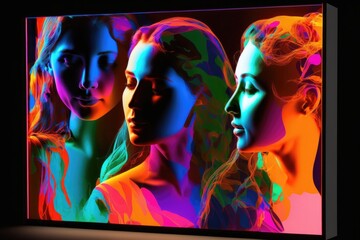 Poster - A Painting Of Three Women With Different Colored Hair And Makeup On A Black Background Tv Studio Video Art Computer Graphics Generative AI 