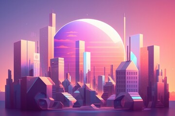 Poster - a futuristic city with a giant sun in the background and a pink sky modern city skyline in the morni