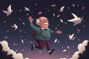 Poster - A Man In A Green Sweater Is Flying Through The Air With Paper Cranes Suburban Cul-de-sac Origami Science Writing Generative AI 