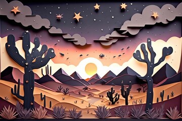Poster - A Paper Cut Of A Desert Scene With Stars And Cactus Trees Desert Sand Dunes At Sunset Paper Cutting Motion Graphics Generative AI 