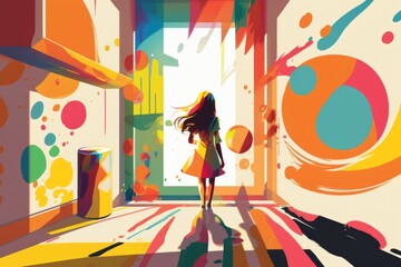 Fototapete - A Woman Walking Through A Brightly Colored Room With A Large Window Graffiti Wall Color Field Painting Advertising Design Generative AI 