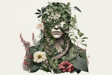 Poster - A Woman With A Floral Crown On Her Head Surrounded By Plants Savanna Environmental Art Botany