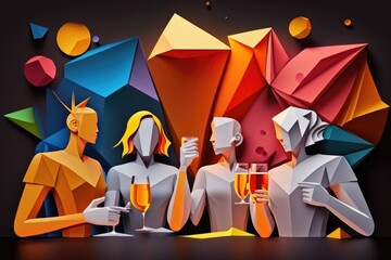 Poster - A Group Of People Standing Next To Each Other Holding Glasses Of Wine Nightclub Cubism Food And Beverage