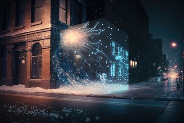 Poster - A City Street With A Building And A Large Window With A Lightning Bolt City Street At Night Kinetic Art Energy-efficient Homes Generative AI 