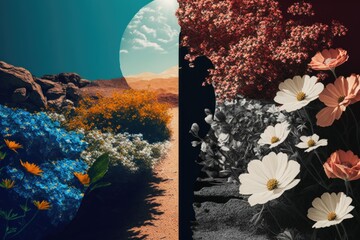 Wall Mural - A Collage Of Flowers And Rocks In A Desert Landscape With A Full Moon Lunar Landscape Collage Botany Generative AI 