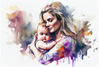 Mother hold baby , watercolor style , Generative AI

