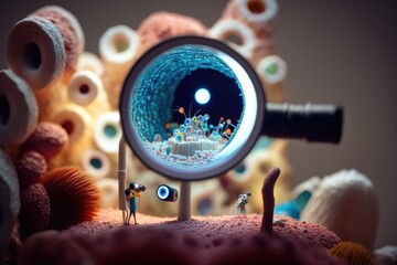 Poster - A Magnifying Glass With A Small Figure Inside Of It Coral Reef Macro Photography Scientific Photography Generative AI 