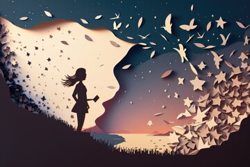 Poster - a woman standing in front of a mountain with a sky full of stars savanna paper cutting personal deve