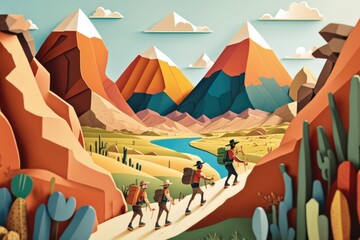 Poster - A Painting Of People Hiking Through A Desert Landscape With Mountains In The Background Desert Canyon Paper Cutting Adventure Travel Generative AI 