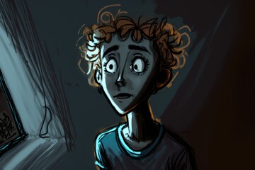 Poster - A Boy With Curly Hair Looking At A Mirror With A Creepy Look Deep Sea Trench Animation Animation Filmmaking