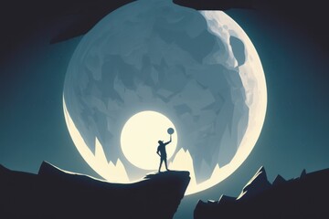 Aufkleber - 
A Man Holding A Ball Standing On A Cliff In Front Of A Giant Moon Lunar Landscape Digital Art Game Design Generative AI  generative Ai, generative, AI, 