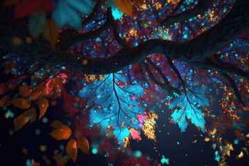 Fototapete - A Tree With Many Leaves And A Blue Sky In The Background Autumn Forest Animation Nature Generative AI 