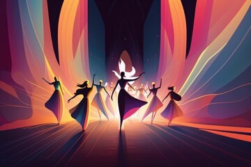Poster - A Group Of People Dancing On A Stage With Bright Lights And A Dark Background Nightclub Animation Advertising Design Generative AI 
