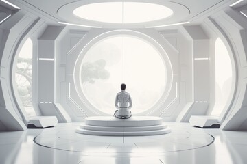 Poster - A Person Sitting In A Meditation Room With A Circular Window In The Background Conference Room Video Art Set Design Generative AI 
