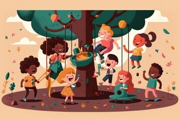 Poster - A Group Of Children Playing On A Tree Swing Set In A Park Park Animation Fundraising And Philanthropy
