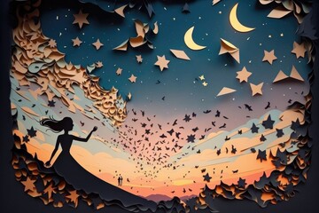 Poster - A Paper Cut Of A Girl Holding A Star In Her Hand Lunar Landscape Paper Cutting Animation Generative AI 