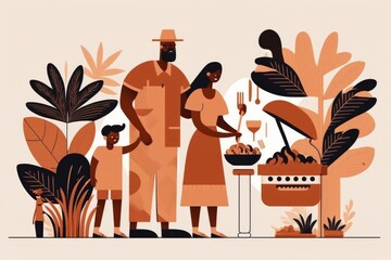 Poster - A Family Is Cooking Together In A Garden With Plants And A Grill Zoo Animation Latin American Culture Generative AI 