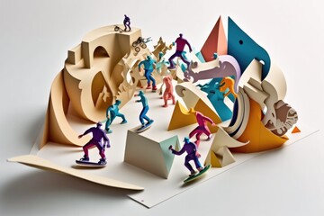 Poster - A Group Of People Are Standing In Front Of A Paper Sculpture Skate Park Paper Cutting Motion Graphics