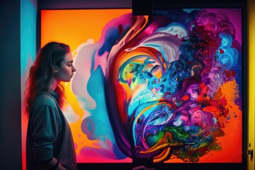 Poster - A Woman Looking At A Painting In A Dark Room With A Bright Light Aquarium Video Art Tvs