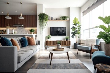 Poster - A Living Room With A Couch Chair Coffee Table And Television Living Room Panoramic Photography Interior Design Generative AI 
