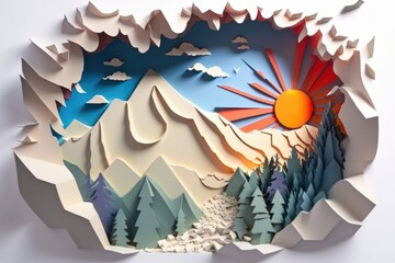 Fototapete - A Paper Cut Of A Mountain With A Sun And Trees On It Mountain Range At Sunrise Paper Cutting Set Design Generative AI 