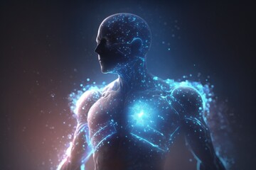 Poster - A Man's Body With Glowing Blue Lines And Points Of Light Northern Lights Animation Energy Healing Generative AI 
