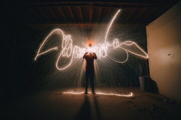 Fototapete - A Person Standing In A Room With A Light Painting On It Abandoned Warehouse Interior Long Exposure Photography Lighting Design Generative AI 