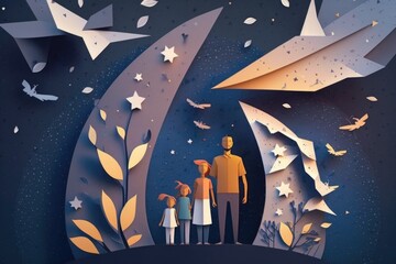 Poster - A Family Standing On A Hill With Paper Cut Art Work On It Lunar Landscape Paper Cutting Life Insurance Generative AI 