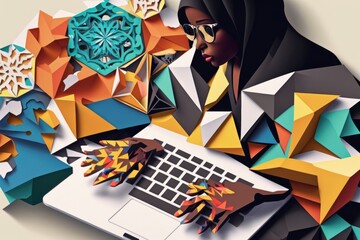 Poster - A Woman Using A Laptop Computer Surrounded By Colorful Paper Art Pieces Workshop Graphic Design Graphic Design Generative AI 