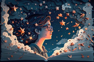 Poster - A Woman With Glasses Is Reading A Book With Stars In The Sky Library Graphic Design Science Writing
