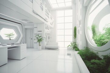 Poster - a futuristic kitchen with a large window and plants in the window living room minimalism smart homes