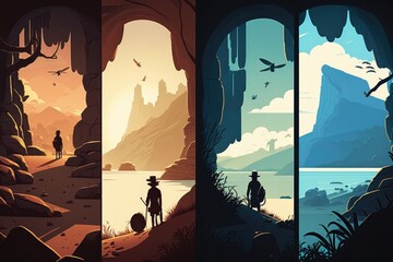 Poster - three different scenes of a man and a woman in a cave canyon environmental art adventure