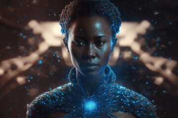 Poster - A Woman In A Futuristic Space Suit With A Glowing Orb In Her Hand Arcade Renaissance Vision Generative AI 