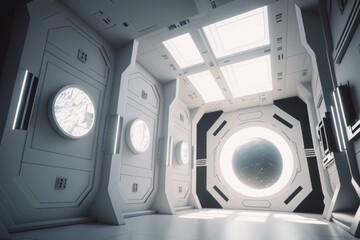 Poster - A Futuristic Looking Room With A Round Window And A Skylight Construction Site Animation Set Design