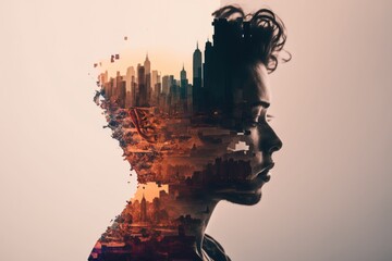 Fototapete - A Woman's Face With A City In The Background And A Double Exposure Of Her Modern City Skyline In The Morning With Sunrise Graphic Design Cities Generative AI 