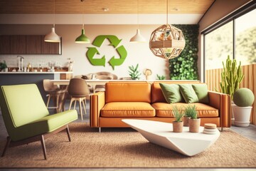 Poster - A Living Room With A Couch Chair Table And A Green Plant Living Room Environmental Art Energy-efficient Homes
