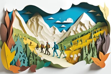 Poster - A Paper Cut Of People Hiking In The Mountains With Trees And Mountains Himalayan Peak Paper Cutting Advertising Design Generative AI 