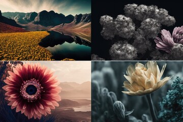 Poster - Four Different Pictures Of Flowers And Mountains In The Background With A Lake In The Middle Lunar Landscape Fine Art Photography Fine Art Photography Generative AI 