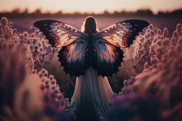 Poster - A Woman With A Butterfly Wings Standing In A Field Of Flowers Forest Fine Art Photography Energy Healing Generative AI 
