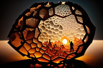 Fototapete - A Paper Sculpture Of A Sunset With A Man Standing In The Distance Lunar Landscape Kinetic Art Glass Art