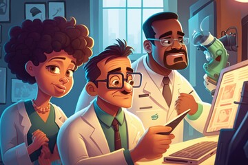 Poster - A Group Of People Standing Around A Computer Screen In A Room Hospital Animation Veterinary Medicine Generative AI 
