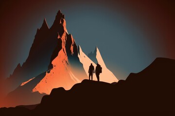 Aufkleber - Two People Standing On A Mountain Top At Sunset Or Sunrise With A Mountain In The Background Mountain Digital Art Mountains Generative AI 