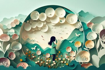 Poster - A Woman Standing In A Field Of Flowers And Trees With A Paper Cut Out Of Her Kelp Forest Paper Cutting Science Writing Generative AI 