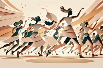 Fototapete - A Group Of People Running In A Race With A Woman In The Middle Sports Bar Animation Fundraising And Philanthropy Generative AI 