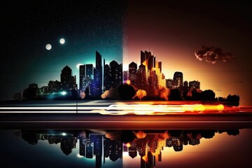 Poster - a city skyline with a bright light reflecting off of the water modern city skyline at night time-lap