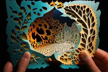 Poster - A Person Holding A Cut Out Of Paper With A Seaweed Kelp Forest Paper Cutting Print Design Generative AI 