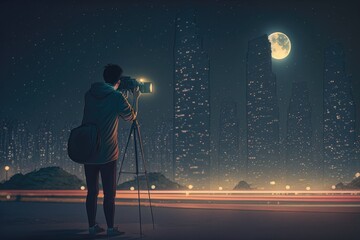 Poster - A Man Is Looking At The Moon Through A Telescope At Night Modern City Skyline At Night Time-lapse Photography Animation Generative AI 