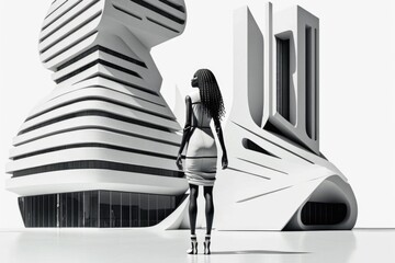 Poster - a woman standing in front of a futuristic building with a futuristic architecture art deco building 