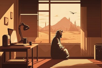 Poster - A Man Sitting In A Room With A Window Looking Out At A Desert Desert Digital Art Digital Illustration